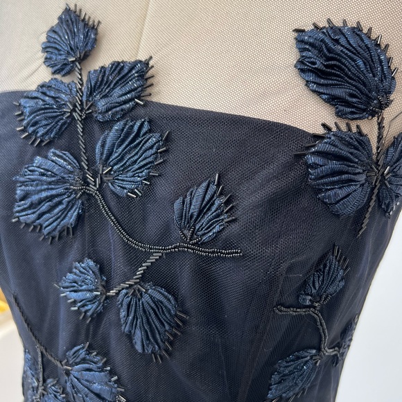 Carolina Herrera Navy Beaded And Appliqued Tulle Mid Length Dress